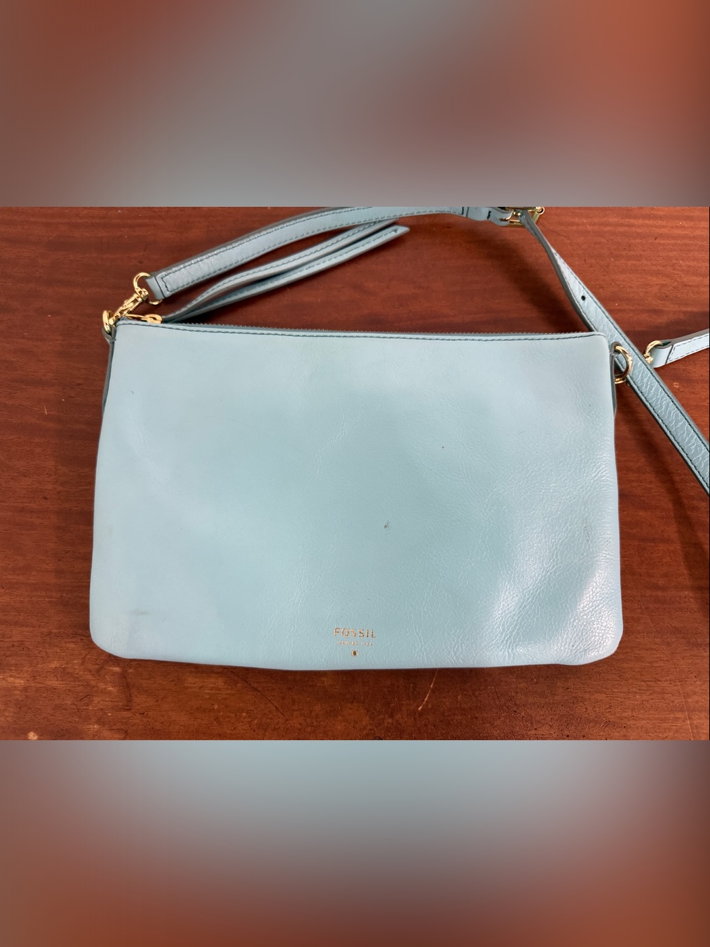 Fossil Sky Blue Leather Sydney Crossbody Purse with Gold Hardware